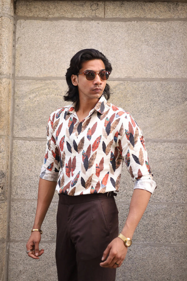 Navy Blue Full Sleeve Feather Printed Shirt