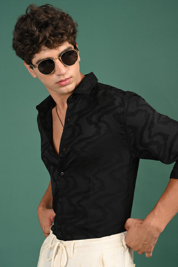 Black Zig Zag Self Design Shirt