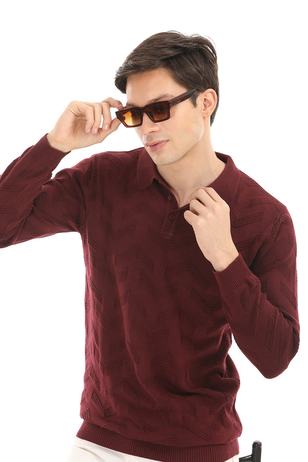 Maroon Jacquard Knit Polo Full Sleeve