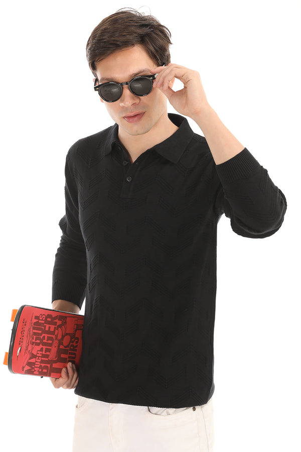 Black Jacquard Knit Polo Full Sleeve