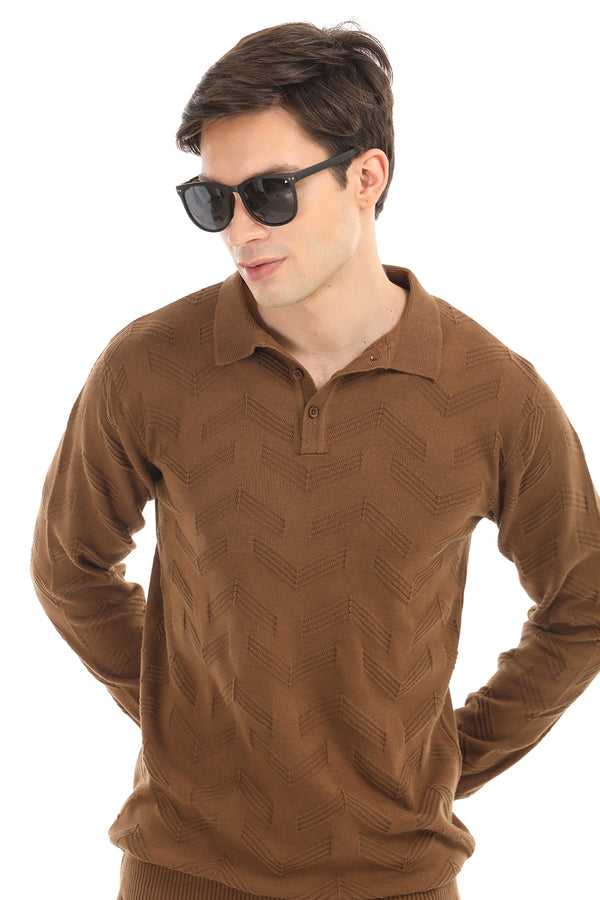 Brown Jacquard Knit Polo Full Sleeve