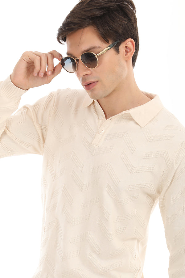 Beige Jacquard Knit Polo Full Sleeve