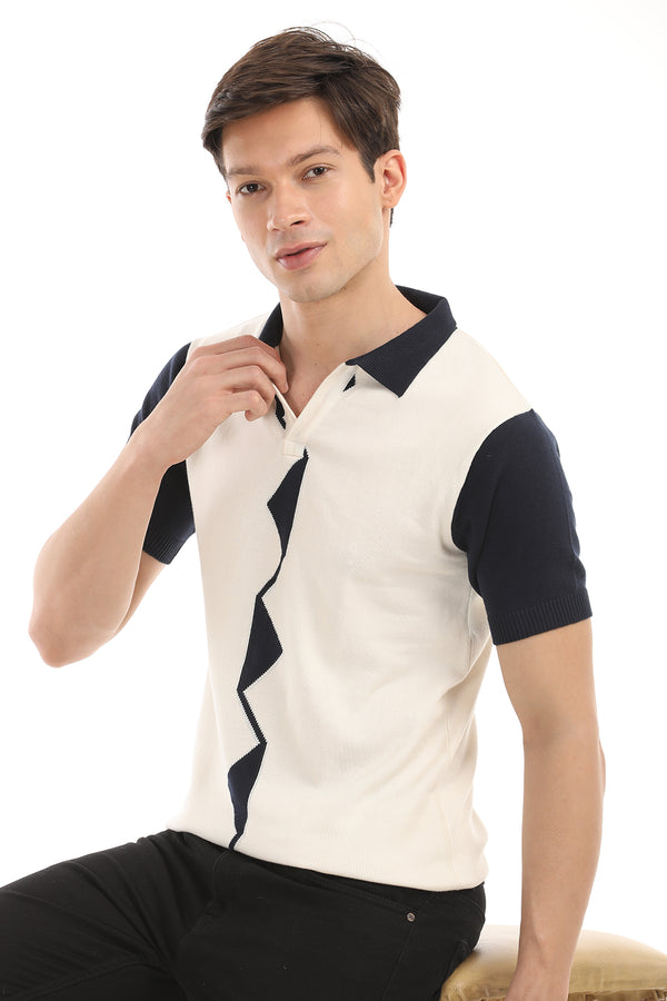 Cream Knit Polo Half Sleeve T-Shirt