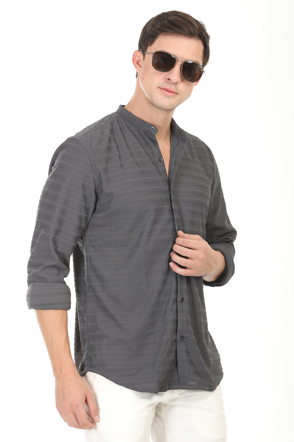 Weave Line Mandarin Collar Shirt - Gray