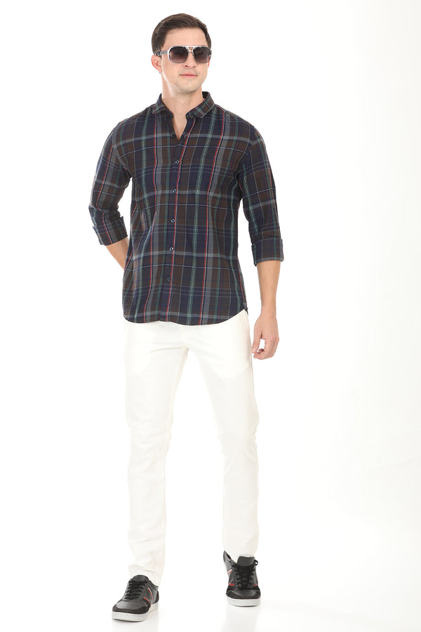 Gridline Checkered Shirt - Navy x Brown