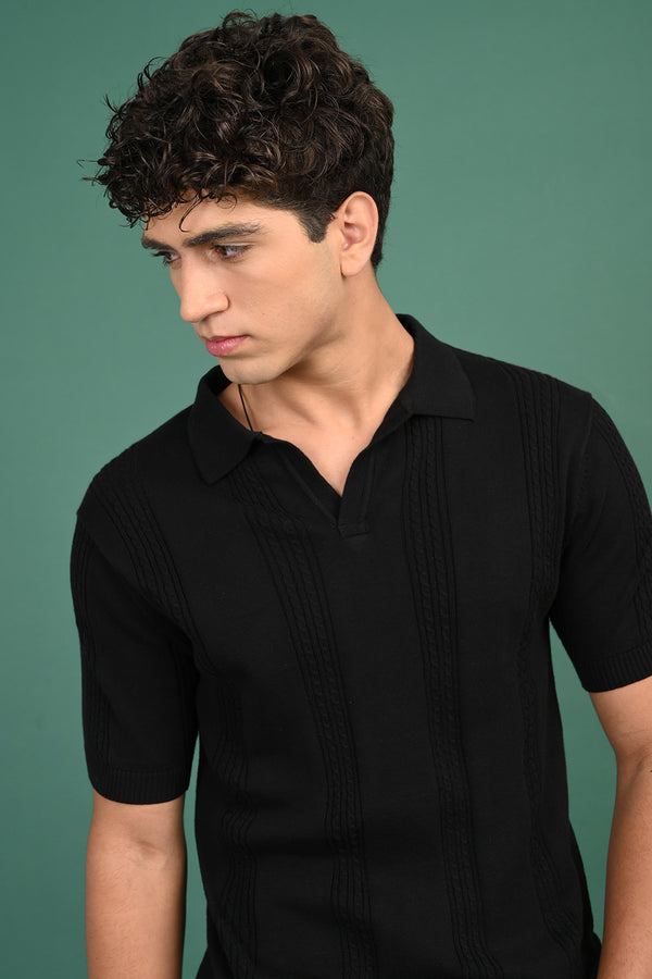 Black Knitted Polo Self Design T-Shirt