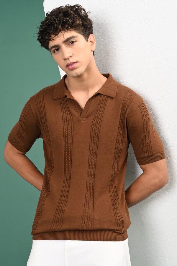 Dark Brown Knitted Polo Self Design T-Shirt