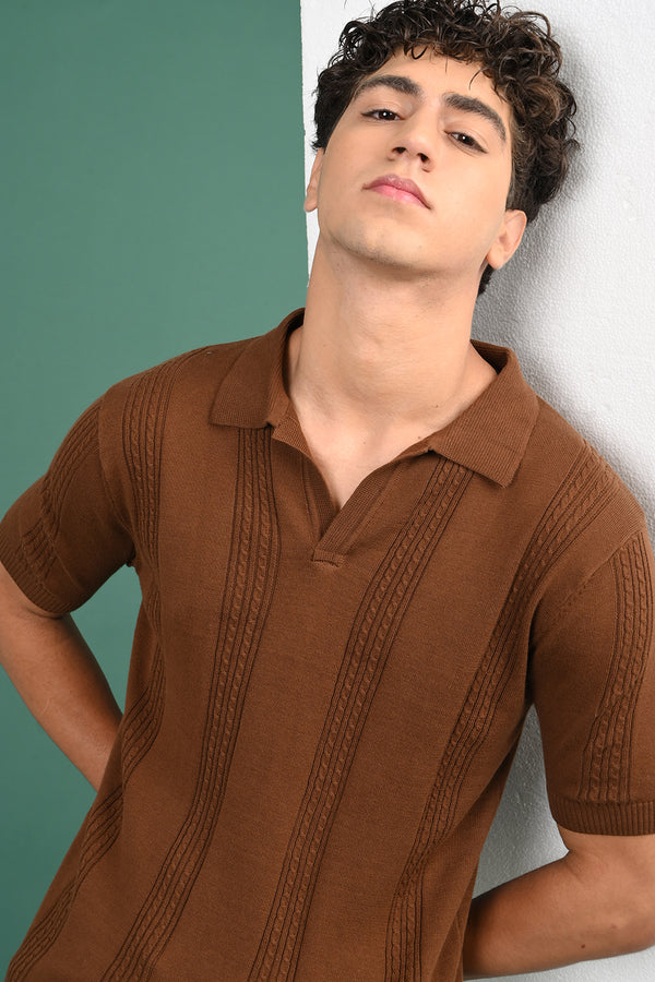 Dark Brown Knitted Polo Self Design T-Shirt