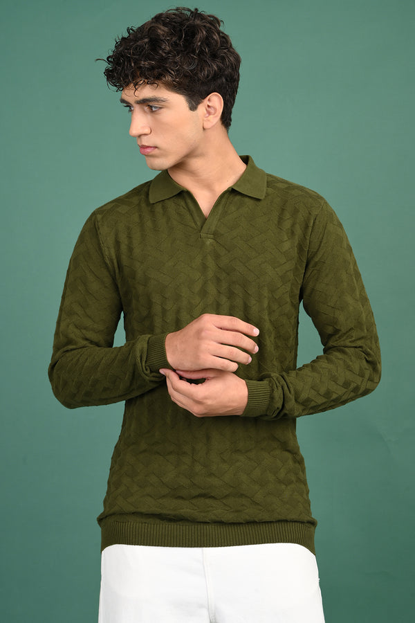 Green Knitted Polo Neck Full Sleeve T-Shirt
