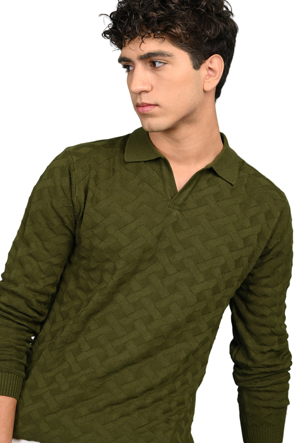 Green Knitted Polo Neck Full Sleeve T-Shirt