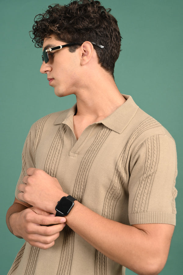 Light Brown Knitted Polo Self Design T-Shirt