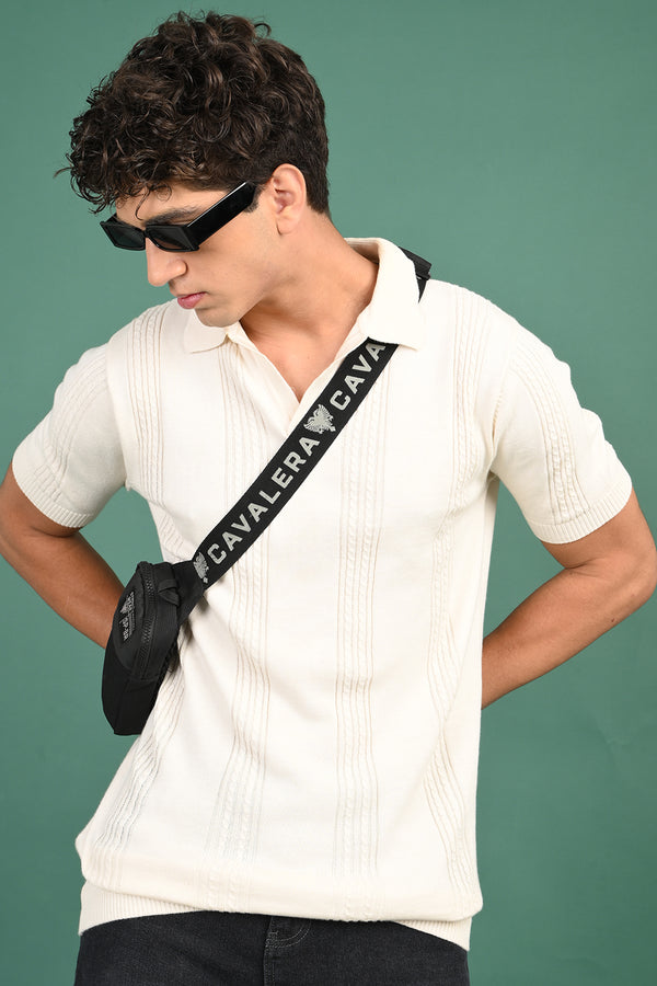 Cream Knitted Polo Self Design T-Shirt