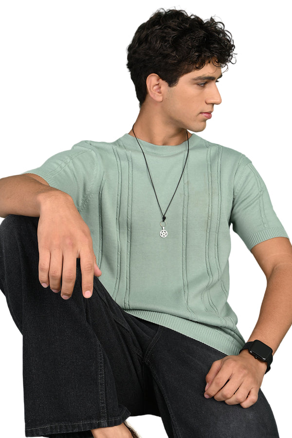 Green Round Neck Self Design T-Shirt