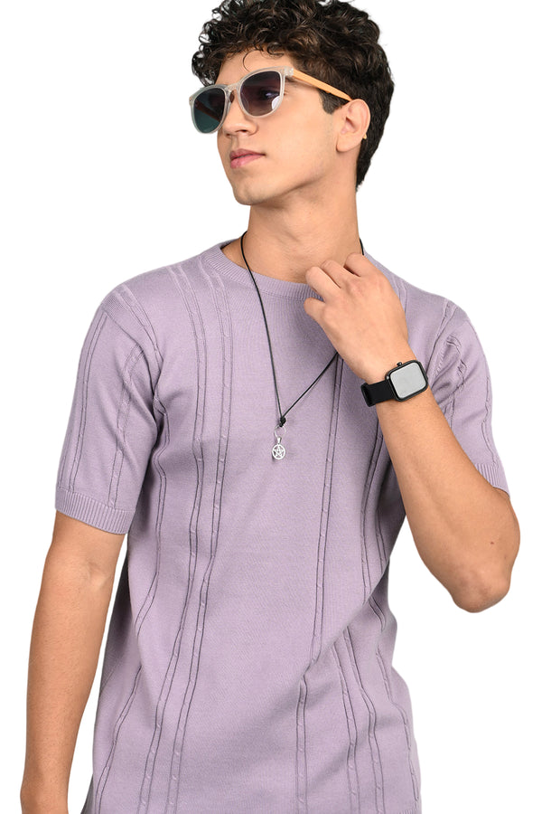Violet Round Neck Self Design T-Shirt