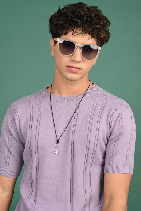 Violet Round Neck Self Design T-Shirt