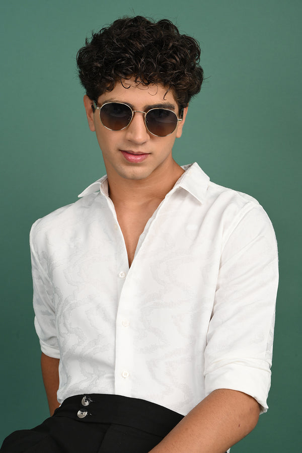 White Zig Zag Self Design Shirt