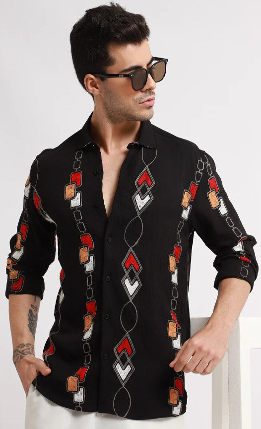 Black abstract embroidered shirt