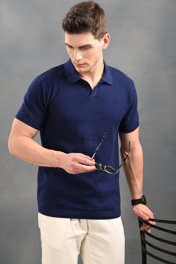 IZI Navy Blue Small Boxes Polo Collar T-Shirt