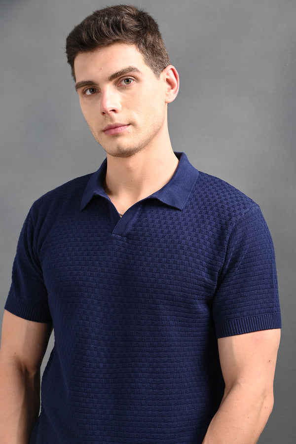 IZI Navy Blue Small Boxes Polo Collar T-Shirt