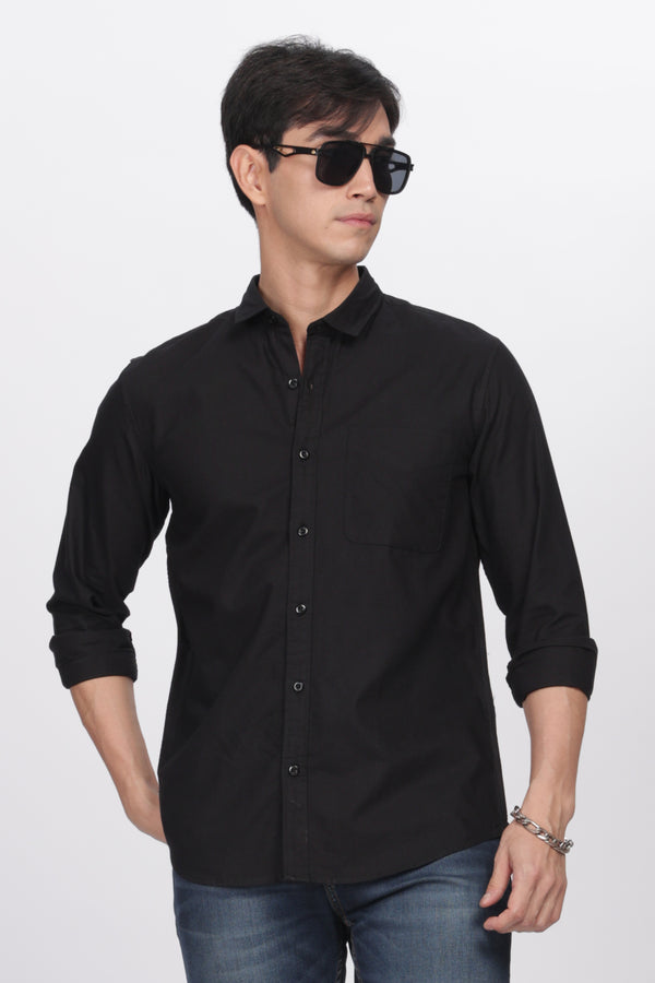 Black Regular Fit Plain Full Sleeve Shirt