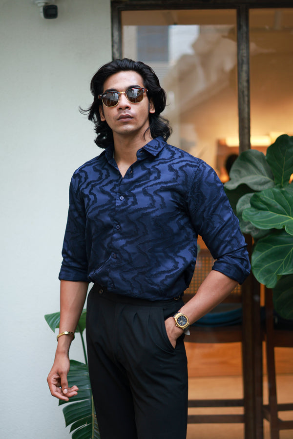 Dark Blue Zig Zag Self Design Shirt