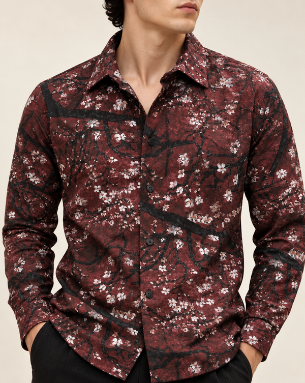 Izi Maroon Floral Branch Print Shirt