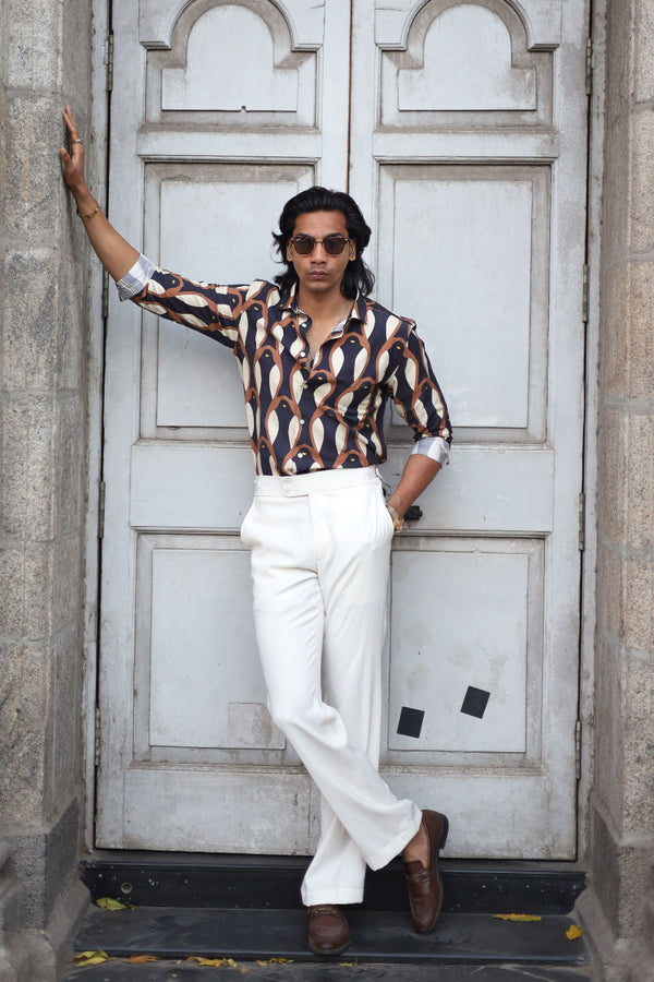 Dark Brown Full Sleeve Bird Printed Shirt