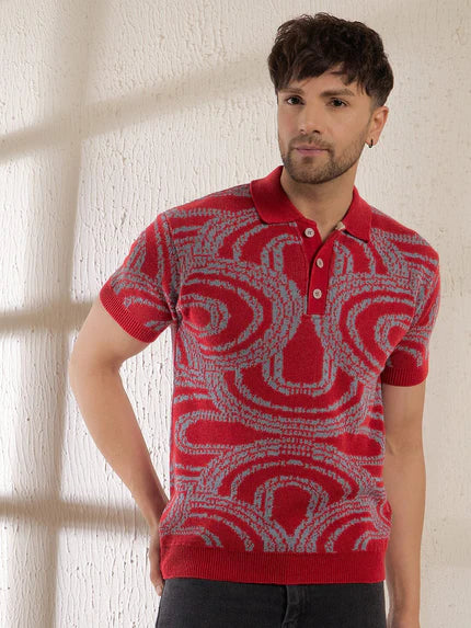 red abstract knitted polo tshirt