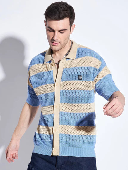Blue & Beige striped crochet shirt