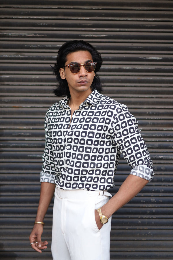 Black White Full Sleeve Block Printed Shirt