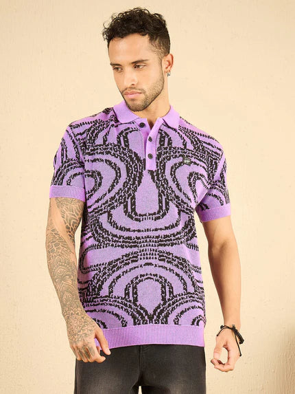 purple abstract kintted polo tshirt