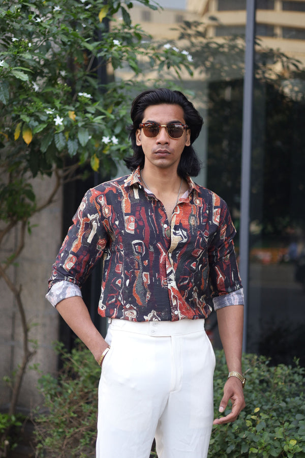 Rust Orange Full Sleeve Abstract Printed Shirt