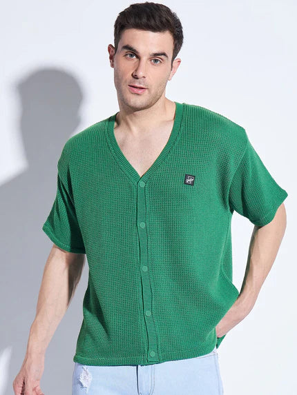 Turf Green Knitted Short Sleeves Cardigan T-shirt