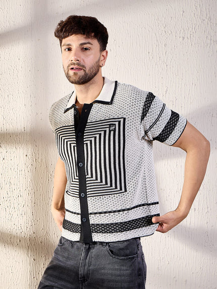 White And Black Geometric Crochet Shirt