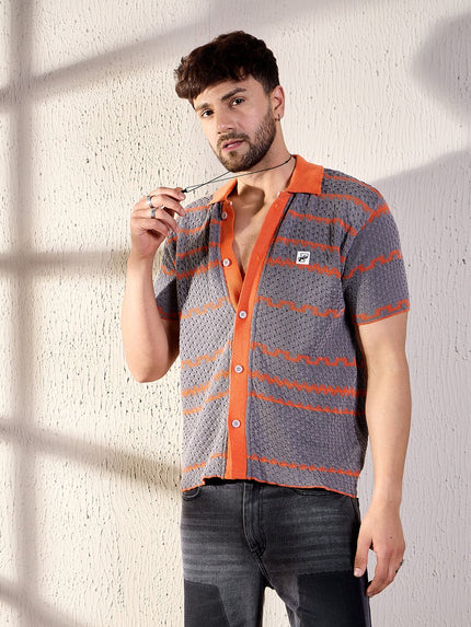 Grey & Orange Striped Crochet Shirt