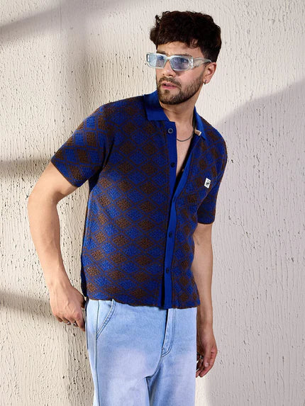 Blue & Brown pattern crochet shirt