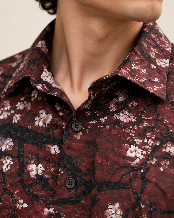 Izi Maroon Floral Branch Print Shirt