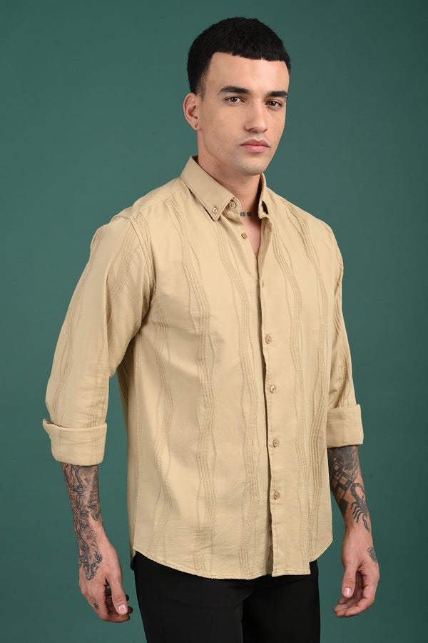 Beige Self Design Full Sleeve Shirt