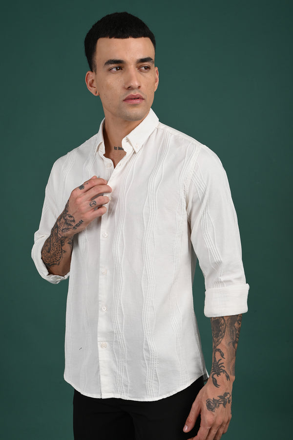 White Self Design Full Sleeve Shirt