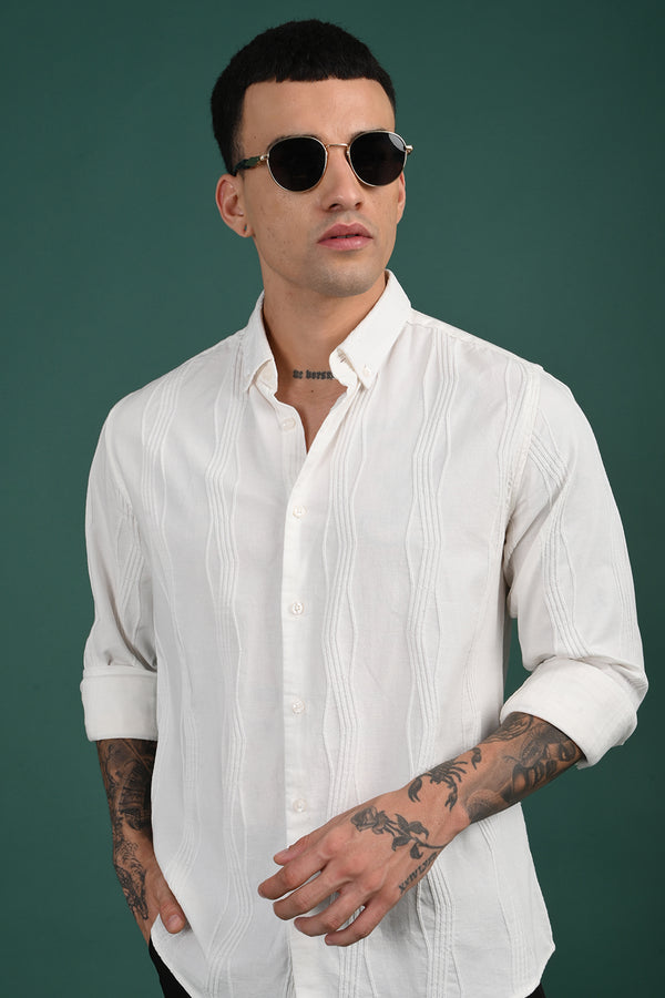 White Self Design Full Sleeve Shirt