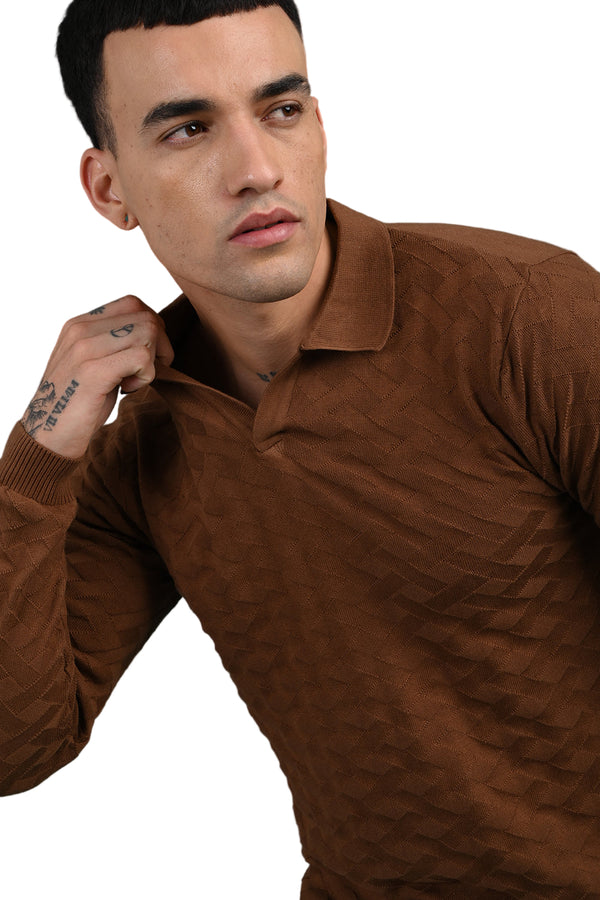 Brown Knitted Polo Neck Full Sleeve T-Shirt
