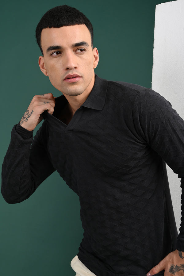 Dark Grey Knitted Polo Neck Full Sleeve T-Shirt