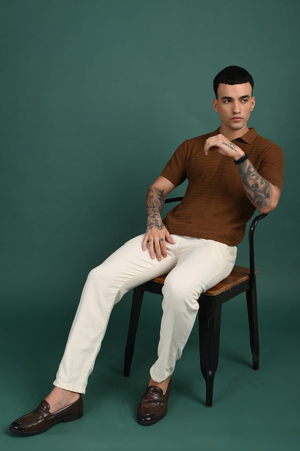Brown Collar Zig-Zag Design T-shirt