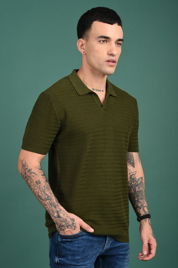 Green Collar Zig-Zag Design T-shirt
