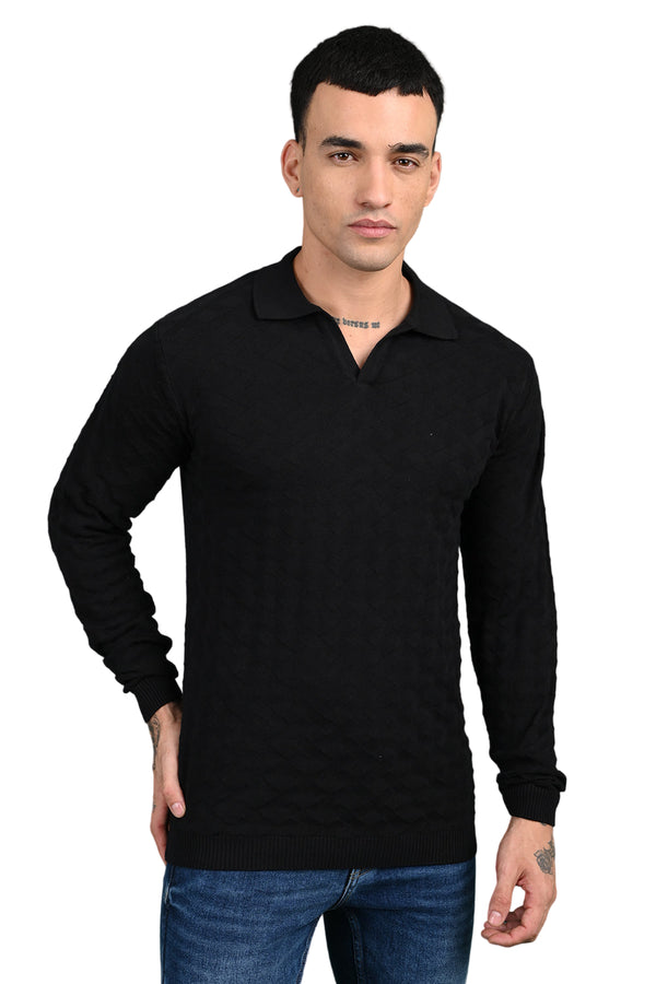 Black Knitted Polo Neck Full SleeveT-Shirt