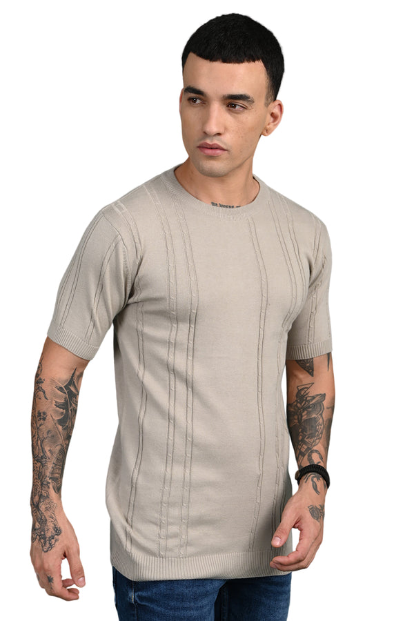 Grey Round Neck Self Design T-Shirt