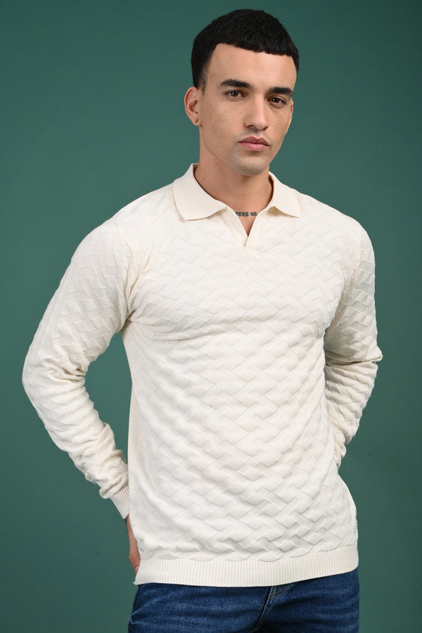 Cream Knitted Polo Neck Full Sleeve T-Shirt