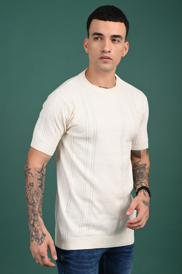 Cream Round Neck Self Design T-Shirt