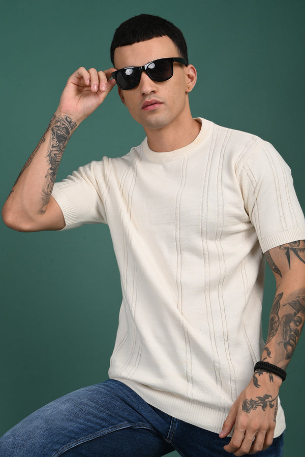 Cream Round Neck Self Design T-Shirt