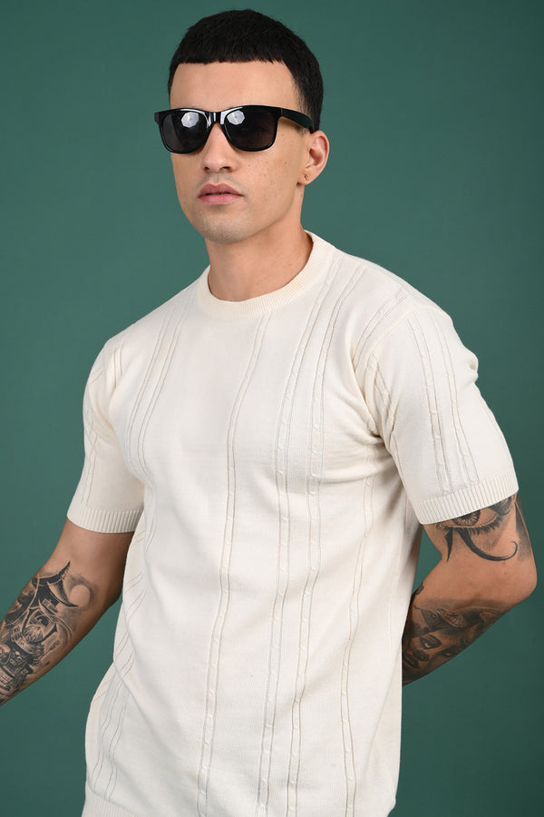 Cream Round Neck Self Design T-Shirt
